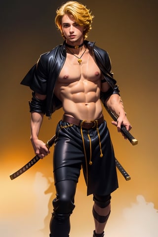 1 man, blonde hair man , full body , blue eyes, man body, sweaty body , sexy face, yellow florest backwards , naked ,  male chest  , yellow florest bedroom background, yellowHood male , sexy choker  ,yellowHoodWaifu,battoujutsu