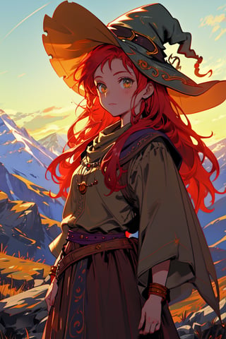 a witch girl, long gree red hair,  in a mountain, high quality, high resolution, high precision, realism, color correction, proper lighting settings, harmonious composition, girl, ancient gipsy clothes