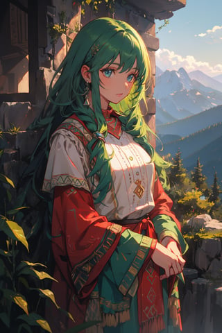 a gipsy girl, long green hair,  in a mountain, high quality, high resolution, high precision, realism, color correction, proper lighting settings, harmonious composition, girl, ancient gipsy clothes