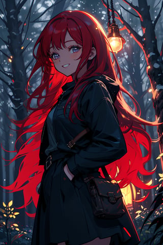 a young dark lady, sad smile in her face , long red hair, forest night, high quality, high resolution, high precision, realism, color correction, proper lighting settings, harmonious composition,