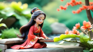 /create prompt: Macro tilt-shift photography, A miniature, An ancient Chinese woman in a flowing red dress with long, flowing hair sits on a stone bench in a palace garden, gently playing the guzheng. Her expression is focused and gentle. The garden is filled with blooming flowers and lush green trees, with a grand palace in
