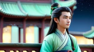 Macro tilt-shift photography, A miniature, A young man in ancient Chinese attire, standing on a balcony of a jade palace, gazing at the night sky. He wears a light green hanfu with intricate patterns. His long hair is tied back with a simple ribbon. The palace and the night sky are captured in intricate detail through macro photography.