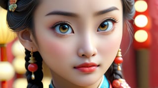 Macro tilt-shift photography, A miniature, A close-up of the young woman's face in ancient Chinese attire, capturing the moment she feels a sudden emotional ripple. Her eyes are wide and reflective, capturing the inner turmoil and the unexpected feelings stirring within. The background is slightly blurred, focusing on her expressive face. The light reflects off her eyes, giving them a watery, shimmering appearance, symbolizing the "ripples" in her heart. Captured in intricate detail through macro photography.