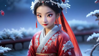 Macro tilt-shift photography, A miniature, A young woman in ancient Chinese attire stands beneath the moonlight in a frost-covered garden. She wears a deep red hanfu with silver embroidery, her breath visible in the cold air. The moonlight illuminates her serene expression and the sparkling frost, captured in intricate detail through macro photography.