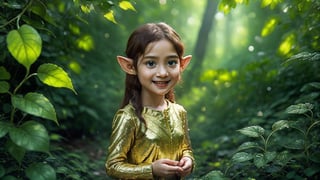 Macro photography scene. A tiny elf with delicate features, approximately 10 years old, stands in an enchanted forest during the morning. She wears a shimmering green dress adorned with intricate gold embroidery and tiny leaf-shaped accessories. Her long, flowing auburn hair cascades down her back. The forest is alive with magical elements: glowing mushrooms, sparkling dewdrops on spider webs, and tiny fireflies. The elf's expression is serene, with a slight smile as she gazes around protectively. The camera captures her from a long shot, using macro and tilt-shift photography to highlight the delicate details of the scene. Super high quality, 8k.