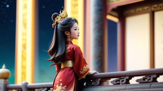 Macro tilt-shift photography, A miniature, A young woman in ancient Chinese attire, standing at the foot of the jade palace, looking up at the balcony. She wears a deep red hanfu with gold embroidery, her hair adorned with elegant hairpins. The palace and the night sky create a dramatic backdrop, captured in intricate detail through macro photography.