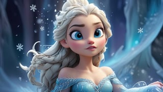 Far Shot:
In the vast, shimmering expanse of an icy landscape, Elsa stands alone at the center of a grand, frozen courtyard. The scene is bathed in the cold, ethereal light of the aurora borealis, casting a magical, multicolored glow across the ice. Snowflakes gently drift from the sky, adding to the wintry enchantment. Elsa, the Snow Queen, dressed in her iconic, shimmering ice-blue gown adorned with intricate, frost-like patterns, begins to perform a captivating song and dance.

Camera Movement:
The camera starts from a high, wide-angle shot, capturing the grand scale of the icy landscape and the grandeur of the scene. As Elsa sings and dances, the camera smoothly moves in a counterclockwise direction, panning across the frozen courtyard. It captures the expanse of the ice, the intricate patterns she creates with her movements, and the enchanting interplay of light and shadow.

Medium Shot:
As the camera continues its counterclockwise motion, it gradually zooms in, capturing a medium shot of Elsa. This perspective highlights her elegant dance steps, the graceful flow of her gown, and her powerful, emotive singing. The background reveals intricate ice sculptures and the sparkling ice palace rising majestically behind her. Her hair, styled in a loose, flowing braid, sways gently with her movements, and her face, illuminated by the aurora's glow, reflects her emotions as she sings.

Close Shot:
The camera continues its smooth, counterclockwise sweep and zooms in further, transitioning to a close-up shot of Elsa. This view captures the intensity and passion in her eyes, the delicate frost patterns forming around her as she moves, and the detailed, shimmering texture of her gown. Her expressive face, highlighted by the magical light, conveys the depth of her song, while her graceful hand movements create intricate ice formations that float gracefully around her.

Camera Angle:
Throughout the sequence, the camera’s counterclockwise rotation provides a dynamic perspective, revealing different angles of Elsa’s performance and the enchanting details of the icy setting. The fluid motion of the camera enhances the sense of magic and wonder, allowing the viewer to fully immerse in Elsa’s captivating performance.

Atmosphere:
The atmosphere is filled with a sense of majestic beauty and enchanting wonder. The soft glow of the aurora, the delicate dance of snowflakes, and the intricate ice patterns Elsa creates with her magic contribute to the scene’s ethereal ambiance. The music swells with her performance, adding to the emotional and magical intensity of the moment.