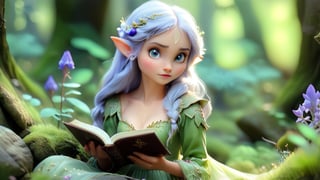 Macro photography scene, an elf maiden with delicate features and a serene expression stands in a woodland glade, bathed in a soft glow. Wildflowers surround her, and she wears a gown with intricate embroidery. Nearby, an elderly sage sits on a moss-covered rock, reading an ancient tome. The close-up uses macro and tilt-shift photography to emphasize the intricate details of their clothing, the magic in the field, and the wonder in their expressions, creating a rich, captivating scene.