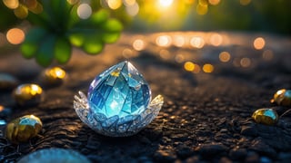 Macro photography scene. Close-up of the tiny elf's hands holding the glowing crystal, with focus on the intricate patterns of the crystal and the soft light it emits. The texture of the mushroom and the fine details of the elf's dress are highlighted. The light from the crystal creates a warm, magical glow on her hands and the mushroom's surface. captured in intricate detail through macro photography. super high quality, 8k.