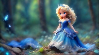 /create prompt:In a magical forest, a 12-year-old girl with cascading blond curls stands in a tilt-shift macro shot. Her entire body is captured, from her head adorned with a tiny crystal tiara reflecting light, to her finely detailed hands delicately holding a glowing lotus emitting a soft blue light. She wears a shimmering sapphire-blue gown adorned with silver embroidery and tiny, sparkling crystals. The gown features a sweetheart neckline, intricate lace patterns on the bodice and sleeves, and a flowing skirt pooling gracefully around her silver slippers, which are also adorned with tiny crystals. Her fair skin with a subtle golden glow complements her deep blue eyes that reflect light. In the blurred background, oversized dew-covered flowers and vibrant butterflies create a magical microcosm. -neg ordinary forest scene -camera pan left -fps 24 -gs 16 -motion 1 -Consistency with the text: 22 -style: HD movies -ar 16:9
