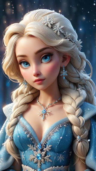 whole body, her platinum blonde hair styled into a thick French braid adorned with bright icy blue glitter With small snowflake ornaments, colorful eyes and a fair complexion that sparkles under the Northern Lights, she wears small snowflake earrings, a delicate snowflake pendant necklace, and an elegant ice blue robe with a transparent top covered with complex ice crystal patterns. , long iridescent cape, feet, delicate ice blue shoes with glittering ice crystals,
whole body, personification