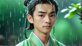 Macro tilt-shift photography, A miniature, A young man in ancient Chinese attire, dressed in a light green hanfu, stands under a light drizzle. The raindrops gently fall around him, creating a serene atmosphere. His eyes are closed as he savors the moment, his hair and robes slightly damp. The intricate details of the raindrops and his calm expression are captured in macro photography.