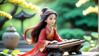 /create prompt: Macro tilt-shift photography, A miniature, An ancient Chinese woman in a flowing red dress with long, flowing hair sits on a stone bench in a palace garden, gently playing the guzheng. Her expression is focused and gentle. The garden is filled with blooming flowers and lush green trees, with a grand palace in the background. Morning sunlight filters through the leaves, softly illuminating her. captured in intricate detail through macro photography. super high quality, 8k, negative prompt: blur, unclear, modern elements. -camera zoom in -fps 24 -gs 16 -motion 2 -style: HD movie -ar 16:9 seed:1234567899
