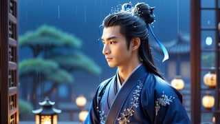 Macro tilt-shift photography, A miniature, A young man in ancient Chinese attire, standing by an open window at night. The room is softly lit by a single lantern, casting a warm glow. The young man wears a deep blue hanfu with silver embroidery, his long hair tied back with a simple ribbon. Outside, the rain falls gently, and the sound of the wind and rain can be faintly heard. Captured in intricate detail through macro photography.