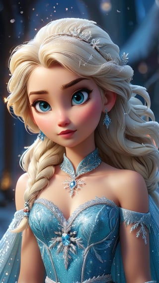 Frozen's Elsa performs a mesmerizing song and dance in a grand, frozen courtyard, her platinum blonde hair styled into a thick French braid adorned with bright icy blue glitter With small snowflake ornaments, colorful eyes and a fair complexion that sparkles under the Northern Lights, she wears small snowflake earrings, a delicate snowflake pendant necklace, and an elegant ice blue robe with a transparent top covered with complex ice crystal patterns. , long iridescent cape, feet, delicate ice blue shoes with glittering ice crystals,
whole body, personification