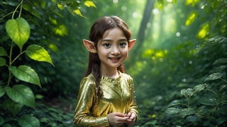 Macro photography scene. A tiny elf with delicate features, approximately 10 years old, stands in an enchanted forest during the morning. She wears a shimmering green dress adorned with intricate gold embroidery and tiny leaf-shaped accessories. Her long, flowing auburn hair cascades down her back. The forest is alive with magical elements: glowing mushrooms, sparkling dewdrops on spider webs, and tiny fireflies. The elf's expression is serene, with a slight smile as she gazes around protectively. The camera captures her from a mid-shot, using macro and tilt-shift photography to highlight the delicate details of the scene. Super high quality, 8k.