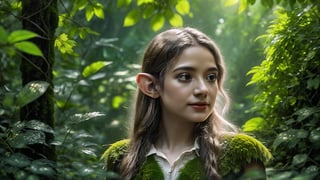 Macro photography scene. A tiny elf with delicate features, standing in a lush, enchanted forest with morning sunlight filtering through the dense canopy. Her long, silver hair flows down her back, adorned with small flowers. She wears a dress made of green leaves and soft moss, blending seamlessly with her surroundings. In her hands, she holds a glowing crystal, casting a soft light around her. The forest is teeming with life—small animals scurry, and birds chirp melodiously in the background. captured in intricate detail through macro photography. super high quality, 8k.