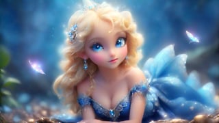 a magical forest, a 12-year-old girl with cascading blond curls stands in a tilt-shift macro shot. She wears a shimmering sapphire-blue gown adorned with silver embroidery and tiny, sparkling crystals. The gown has a sweetheart neckline, intricate lace patterns on the bodice and sleeves, and a flowing skirt pooling gracefully around her feet. Her hands, with finely detailed fingers, hold a glowing lotus emitting a soft blue light. Fair skin with a subtle golden glow complements her deep blue eyes that reflect light. A tiny crystal tiara on her head catches and reflects light. Her feet are clad in silver slippers adorned with tiny crystals, adding to her ethereal appearance. In the blurred background, oversized dew-covered flowers and vibrant butterflies create a magical microcosm. 