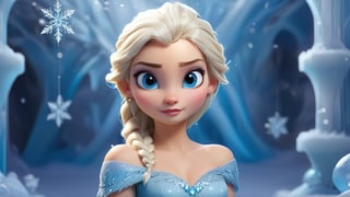 In Frozen, Elsa, in a small-scale character scene, is depicted as follows: Character: Elsa, Age: 21, Head: Oval-shaped, Hair: Platinum blonde, Eyes: Icy blue, Ears: Small and rounded, Nose: Straight and delicate, Skin tone: Fair, Attire: Elegant ice-blue gown with crystal accents, Gender: Female, Build: Slender, Hands: Graceful, Feet: Barefoot, Scene: A serene ice palace interior, Setting: Majestic ice sculptures, Props: Delicate snowflakes floating around her, Action: Conjuring delicate ice patterns with her hands, Atmosphere: Ethereal, Lighting: Soft blue hues, Weather: Snow gently falling, Environment: Magical and tranquil.

Camera: Close-up, Tilt-shift technique.