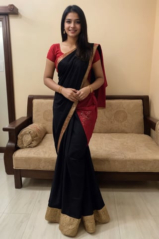 beautiful cute young attractive girl indian face like Katrina Kaif,teenage girl,village girl,18 year old,cute, instagram model,long black hair .color hair,warm in home sir at sofa,indian little smiling,smooth face,Saree hot Sexy Indian cute girl red lehenga full body dress