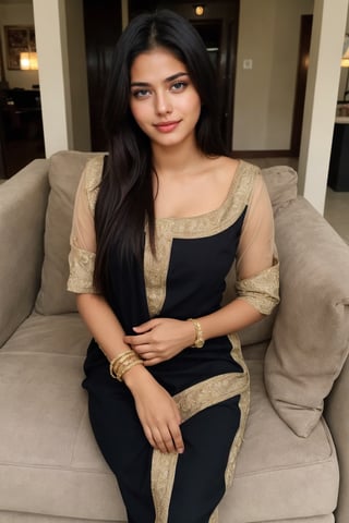 beautiful cute young attractive girl indian face like Katrina Kaif,teenage girl,village girl,18 year old,cute, instagram model,long black hair .color hair,warm in home sofa,indian little smiling,smooth face, western outfit, Indian cute girl wearing western outfit full body dress