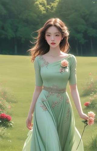 Oil painting, (girl holding a single rose), very delicate and soft lighting, details, Ultra HD, 8k, animated film, soft floral dress, walking through a meadow full of wide green grass,Beautiful girl, less dress, more flower ,deep_throat