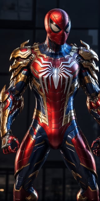 Angry spiderman mecha robo soldier character, anthropomorphic figure, wearing futuristic mecha soldier armor and weapons, reflection mapping, realistic figure, hyperdetailed, cinematic lighting photography, 32k uhd with a golden staff, red lighting on suit, 

By: panchovilla,mecha