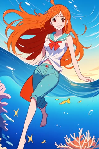 Nami se encuentra en la orilla del mar, con sus pies sumergidos en el agua cristalina. Su vestimenta consiste en un elegante top de color naranja que resalta su figura esbelta y unos pantalones cortos azules que le dan libertad de movimiento. El viento suave ondea su largo cabello pelirrojo mientras contempla el horizonte con determinación. Sus ojos grandes y expresivos reflejan la tranquilidad del océano, mientras que sus labios curvados en una suave sonrisa revelan su conexión innata con el mar. Nami irradia una belleza serena y una confianza palpable mientras se sumerge en la inmensidad del vasto océano, lista para enfrentar cualquier desafío que se presente en su camino.