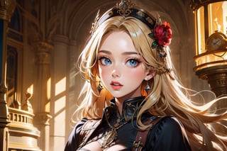 1girl, steampunk style, flowing blonde hair, boots,  detailed steampunk background, (masterpiece, top quality, best quality, official art, beautiful and aesthetic:1.2), extreme detailed, cinematic Lighting, ethereal light, intricate details, extremely detailed, incredible details, full colored, complex details, hyper maximalist, gorgeous light and shadow, detailed decoration, detailed lines. masterpiece, best quality, HDR, UHD, fair skin, beautiful face,