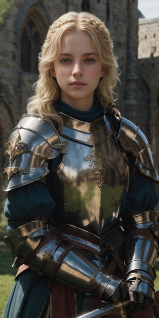 A female knight, holding a sword, (masterpiece, top quality, best quality, official art, beautiful and aesthetic:1.2), (1girl:1.4), blonde hair, portrait, sword, holding, sword, holding sword, armor, royal garden, outdoors, extreme detailed, highest detailed,royal knight,more detail XL,scenery