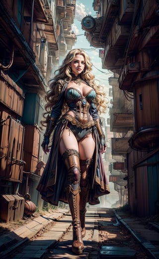 1girl, steampunk style, flowing blonde hair, boots,  detailed steampunk background, (masterpiece, top quality, best quality, official art, beautiful and aesthetic:1.2), extreme detailed, cinematic Lighting, ethereal light, intricate details, extremely detailed, incredible details, full colored, complex details, hyper maximalist, gorgeous light and shadow, detailed decoration, detailed lines. masterpiece, best quality, HDR, UHD, fair skin, beautiful face,davincitech,scifi,by leonardo da vinci,midjourney