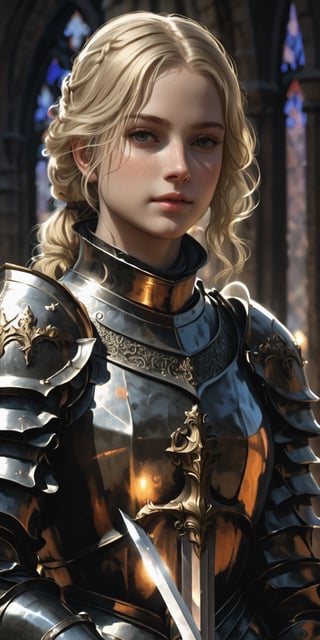 A female knight, holding a sword, (masterpiece, top quality, best quality, official art, beautiful and aesthetic:1.2), (1girl:1.4), blonde hair, portrait, scenery, background, extreme detailed, highest detailed,royal knight,more detail XL,scenery