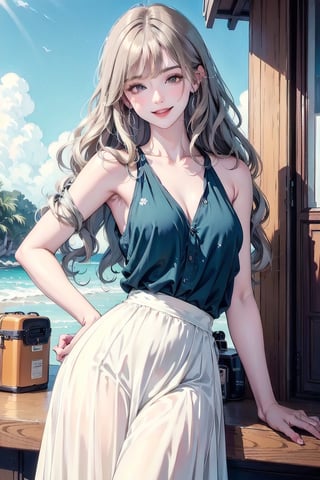 best quality, masterpiece, detailed, 16k, beautiful detailed face, beautiful detailed eyes, 8k, femalesolo, prefect body, prefect face, A tropical girl, long blonde curly hair, (white flowy chiffon tank), (floral maxi skirt), casual outfit, outdoor, blue sky, beautiful fantasy tropics, sweet smile,ZGirl