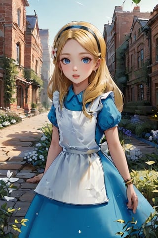 (1 girl:1.2), blue dress, white apron, black hairband, garden tea party, pastel colors, light particles, lighting, (highly detailed:1.2),(detailed face:1.2), (gradients), (detailed landscape, vegetation, bricks, carpet, buildings:1.2), (detailed background), detailed landscape, (dynamic pose:1.2), (rule of third_composition:1.3), (Line of action:1.2), daylight,AliceWonderlandWaifu