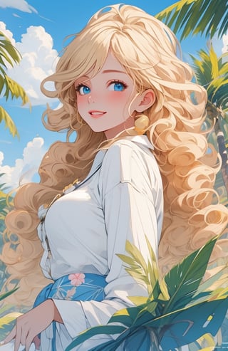 best quality, masterpiece, detailed, 16k, beautiful detailed face, beautiful detailed eyes, 8k, femalesolo, prefect body, prefect face, A tropical girl, long blonde curly hair, white tropical outfit, casual outfit, outdoor, blue sky, beautiful fantasy tropics, sweet smile, tropical scenery, 