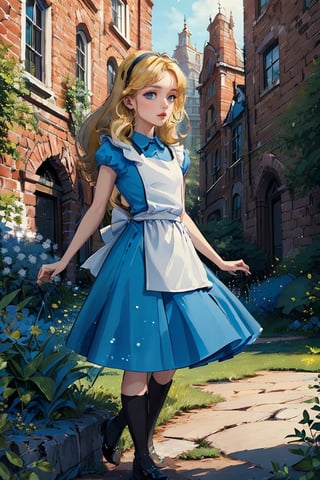 (1 girl:1.2), blue dress, white apron, black hairband, garden tea party, pastel colors, light particles, lighting, (highly detailed:1.2),(detailed face:1.2), (gradients), (detailed landscape, vegetation, bricks, carpet, buildings:1.2), (detailed background), detailed landscape, (dynamic pose:1.2), (rule of third_composition:1.3), (Line of action:1.2), daylight,AliceWonderlandWaifu