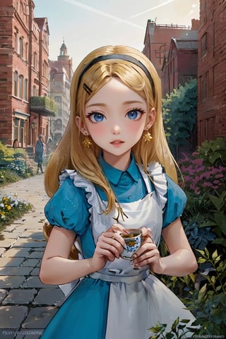 (1 girl:1.2), blue dress, white apron, black hairband, garden tea party, pastel colors, light particles, lighting, (highly detailed:1.2),(detailed face:1.2), (gradients), (detailed landscape, vegetation, bricks, carpet, buildings:1.2), (detailed background), detailed landscape, (dynamic pose:1.2), (rule of third_composition:1.3), (Line of action:1.2), daylight,AliceWonderlandWaifu