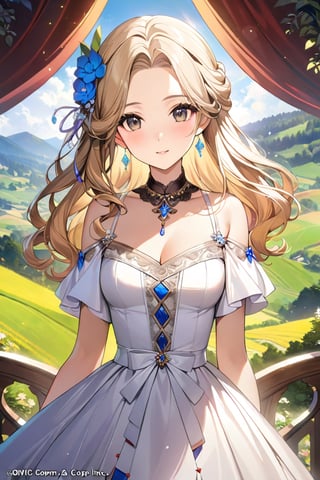 a dreamlike Bohemian girl of the 18th century, in a flowing gown adorned with intricate lace and ribbons, her hair styled in soft curls adorned with flowers. Surrounded by the rustic charm of Bohemian landscapes, capture her spirit of freedom and creativity amidst the backdrop of quaint villages and rolling hills. (masterpiece, top quality, best quality, official art, beautiful and aesthetic:1.2), (1girl:1.4), colorful, vibrant colors, blonde hair, portrait, extreme detailed, (fractal art:1.12), (colorful:1.1), highest detailed, portrait, medium shot, bokeh, 16K, (HDR:1.2), high contrast, 