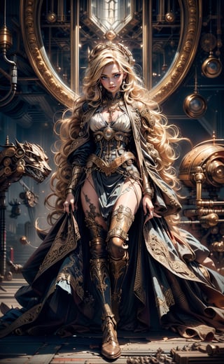 1girl, steampunk style, flowing blonde hair, boots,  detailed steampunk background, (masterpiece, top quality, best quality, official art, beautiful and aesthetic:1.2), extreme detailed, cinematic Lighting, ethereal light, intricate details, extremely detailed, incredible details, full colored, complex details, hyper maximalist, gorgeous light and shadow, detailed decoration, detailed lines. masterpiece, best quality, HDR, UHD, fair skin, beautiful face,davincitech,scifi,by leonardo da vinci,midjourney