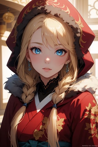 A girl with long blonde hair, with detailed ornate fur hooded kimono, red hooded kimono, miniskirt, fantasypunk. (Cinematic lighting, ethereal light, intricate details, extremely detailed, incredible details, full colored), complex details, hyper maximalist, gorgeous light and shadow, detailed decoration, detailed lines. masterpiece, best quality, HDR, UHD, unreal engine. looking at the camera, fair skin, beautiful face, (beautiful eyes:1.5), perfect eyes, detailed eyes, beautiful nose, dim tones, 