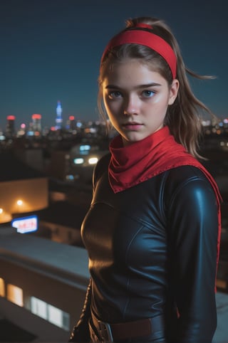 photo of beautiful Caucasian college girl, 18 years old, (((Kitty Pride from X-men reimagined as an Assassin))), (((John Wick movie style))), (standing on a roof at night), epiC35mm, film grain, (freckles:0.0), upper body shot, (plain background:1.6), slim body, (((medium-sized breasts))), pale skin, (((red bandana around the neck))), long brunette ponytail hair, serious face, cute face,