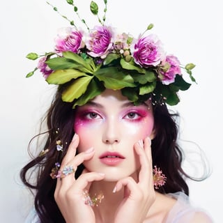 a brunette woman blowing surrounded by flowers, high fashion magazine cover, glossy flecks of iridescence, of a youthful girl, pastel pink background, promotional render, delicate petal wings extending gracefully, immersed in an alien landscape, colorful smoke and streams of ink forming a celestial ballet, exotic gigantic flora adding to the dreamlike atmosphere, (((TimTadder style))), surreal beauty photography, Avant garde fashion, ethereal beauty, beauty light,more detail XL,glitter,Glass 