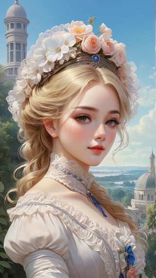 A girl in the Victorian era, outdoor, (masterpiece, top quality, best quality, official art, beautiful and aesthetic:1.2), (1girl:1.4), blonde hair, portrait, extreme detailed, highest detailed, colorful,More Reasonable Details,hubggirl