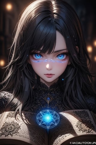 (masterpiece, top quality, best quality, official art, beautiful and aesthetic:1.2), (a glowing magic array depicted on the pages of the book:1.4), radiating mystical energy and ancient power. A witch, (dimly lit workshop:1.2). (1girl:1.4), portrait, extreme detailed, highest detailed, simple background, 16k, high resolution, perfect dynamic composition, (sharp focus:1.2), super wide angle, high angle, high color contrast, medium shot, depth of field, blurry background,Leonardo Style,fflixmj6,APEX SUPER REAL FACE XL 