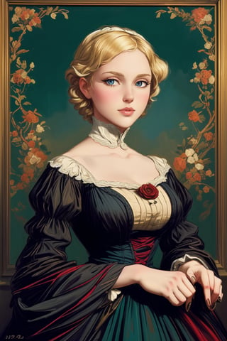 A girl in the Victorian era, promenade attire, (masterpiece, top quality, best quality, official art, beautiful and aesthetic:1.2), (1girl:1.4), vivid color, colorful, blonde hair, extreme detailed, highest detailed,oil painting,masterpiece,classic painting,BrgEy