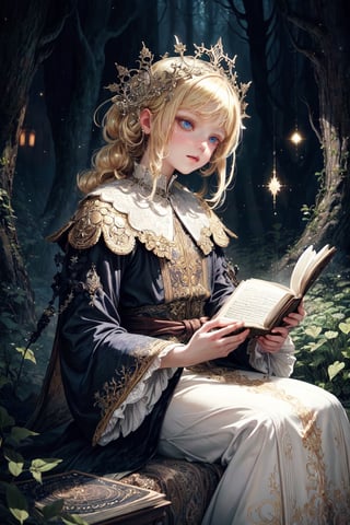 A beautiful witch in white, reading a grimoire in a starry night, in an enchanting forest, surrounded by mystical atmosphere and magical ambiance, glitters, glowing particles, misty. (masterpiece, top quality, best quality, official art, beautiful and aesthetic:1.2), (1girl:1.4), upper body, blonde hair, portrait, extreme detailed, fantasy art, intricate arcane wiccan designs,  by Yoshida Akihiko and Kay Nielsen,Enhance