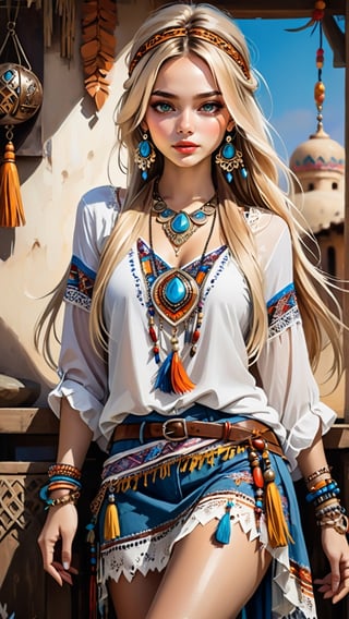 A stunning young woman dressed in Bohemian-style attire, (long straight hair:1.4), adorned with soft fabrics, white lace shirt, ethnic pattern prints layered skirt, bracelets, tassels, headbands, belts, and leather accents, exuding a free-spirited charm. (masterpiece, top quality, best quality, official art, beautiful and aesthetic:1.2), (1girl:1.4), blonde hair, portrait, extreme detailed, highest detailed, depth of field. full body shot, layered jewelry, headscarve, ,more detail XL,colorful