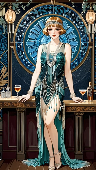 A poster of a flapper girl, evening dress covered in beads or beaded fringe, standing at the bar, (masterpiece, top quality, best quality, official art, beautiful and aesthetic:1.2),art nouveau