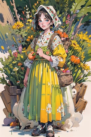 A medieval girl in traditional dress, vegetables and fruits, at a farmer's market, mysterious medieval, masterpiece,High detailed,CrclWc,Detail,watercolor,simplecats,slavic dress