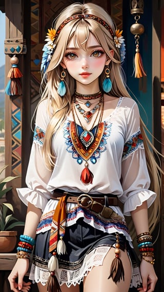 A stunning young woman dressed in Bohemian-style attire, (long straight hair:1.4), adorned with soft fabrics, white lace shirt, ethnic pattern prints layered skirt, bracelets, tassels, headbands, belts, and leather accents, exuding a free-spirited charm. (masterpiece, top quality, best quality, official art, beautiful and aesthetic:1.2), (1girl:1.4), blonde hair, portrait, extreme detailed, highest detailed, depth of field. full body shot, layered jewelry, headscarve, ,more detail XL,colorful